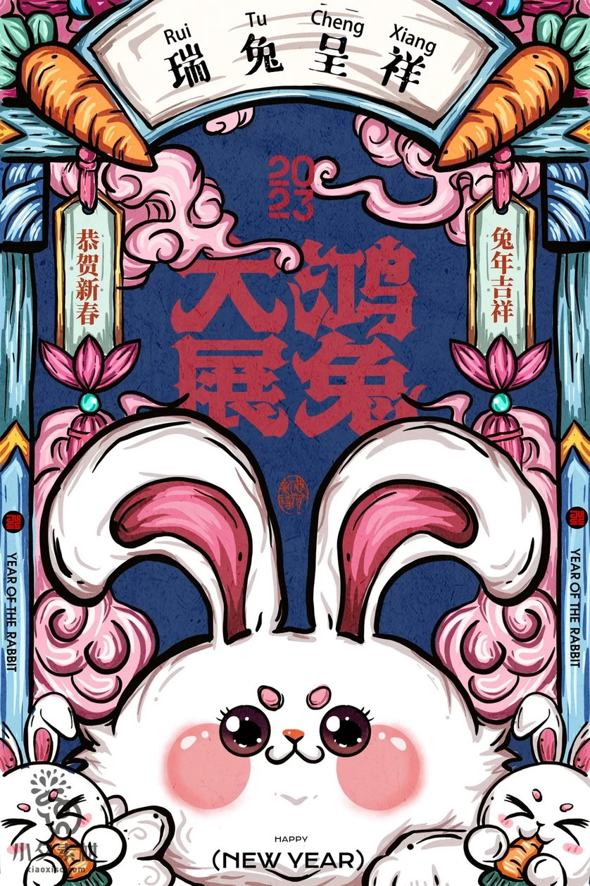2023兔年新年展板春节节日海报模板PSD分层设计素材【018】